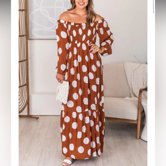 CAITLIN COVINGTON X PINK LILY BLUFF WALK BROWN POLKA DOT OFF THE SHOULDER DRESS - Picture 4 of 15
